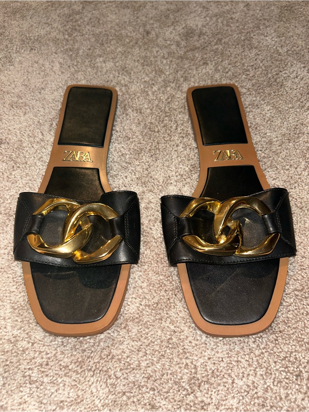 New Women’s Zara Black and Gold Slide Sandals